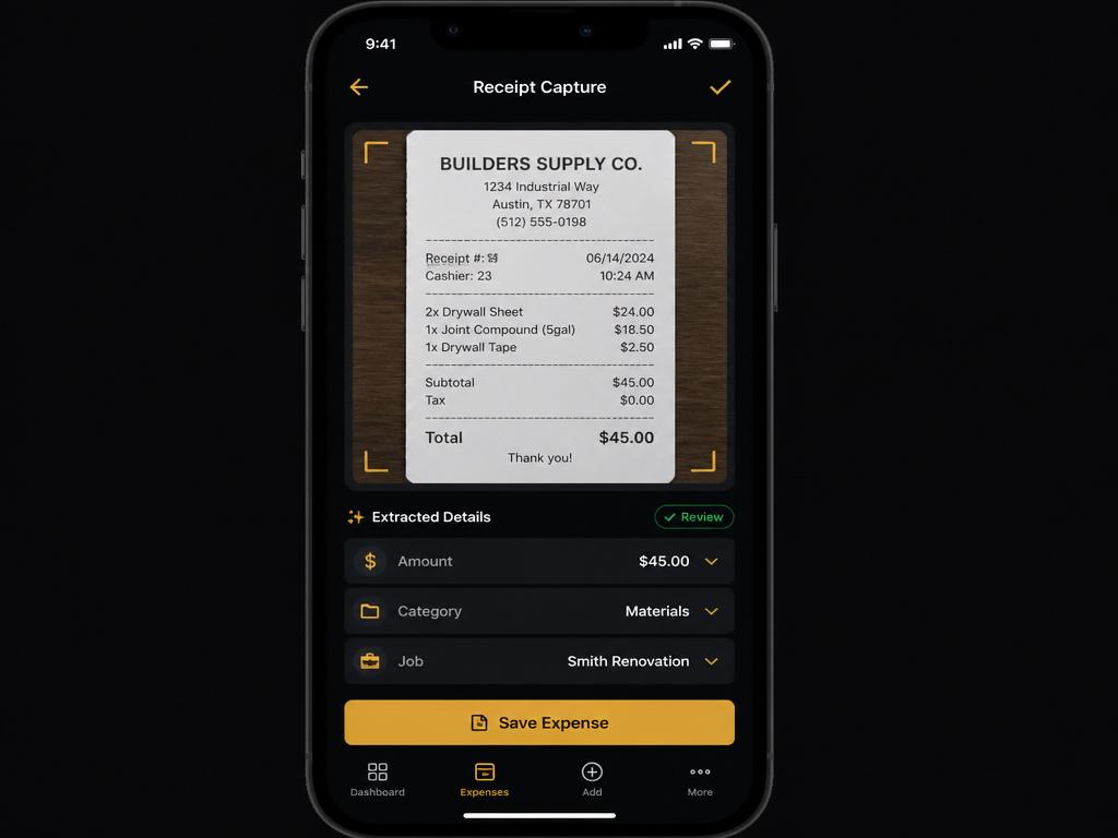 Tradie TaxMate app showing receipt capture screen